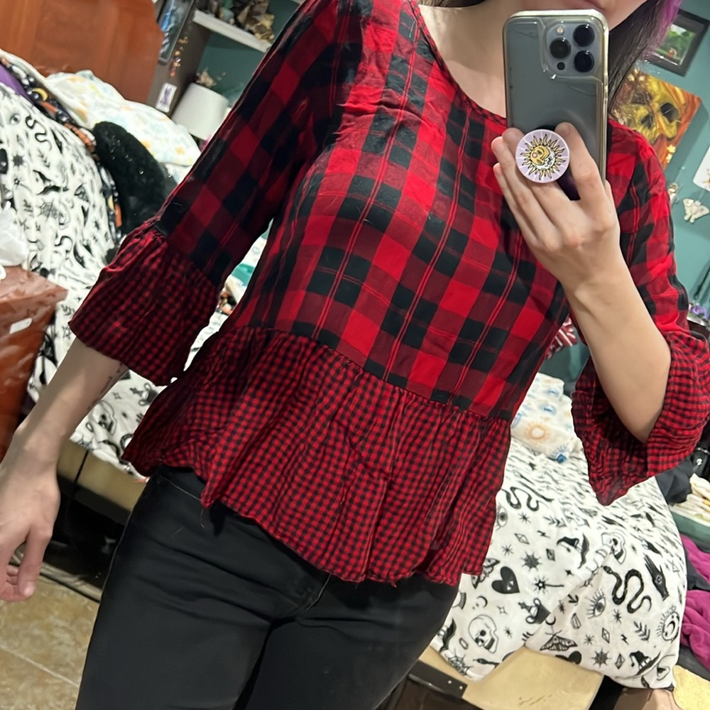 Chenault Red&Black plaid/checkered blouse. Size PM-Petite medium~Christmas vibes
